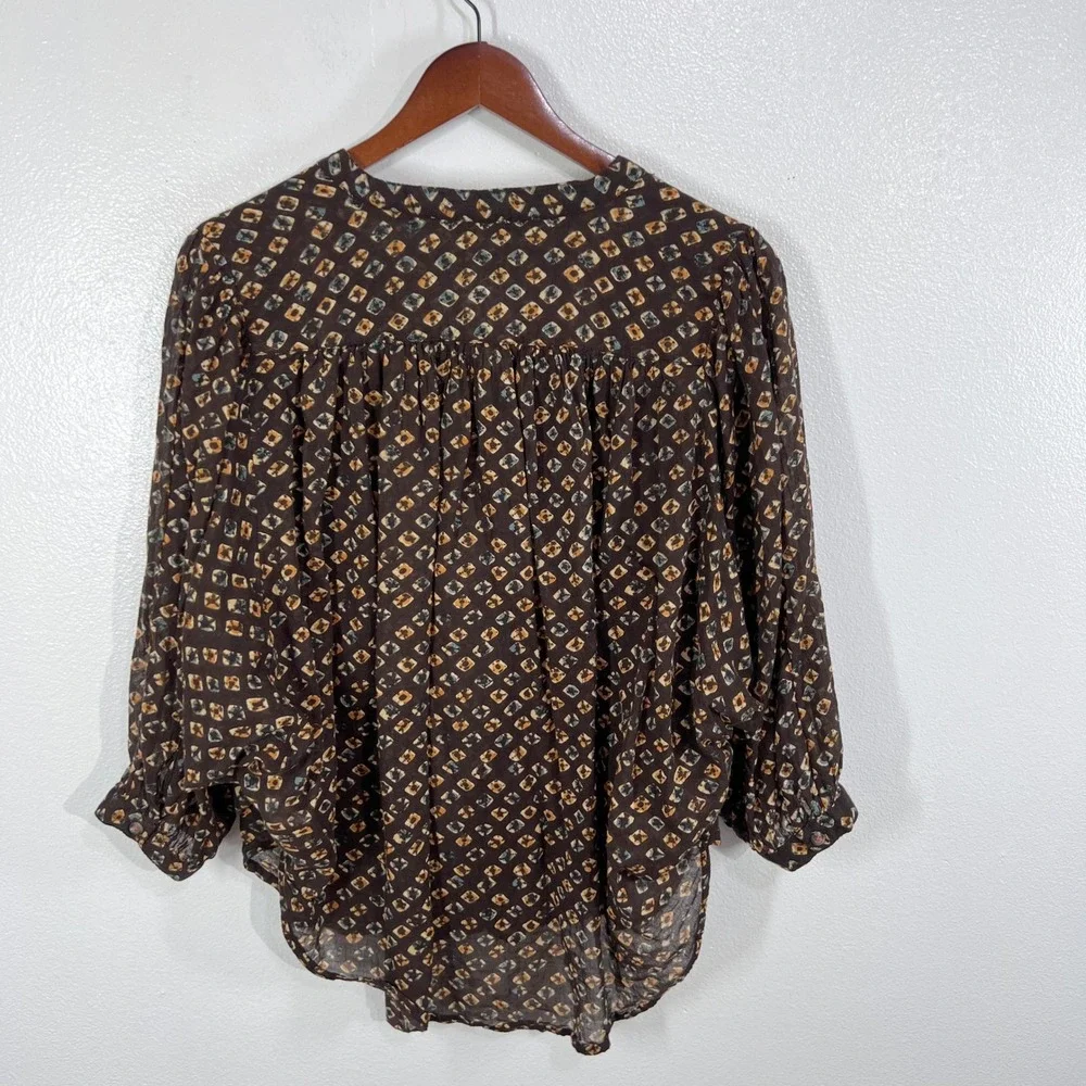 Anthropologie Boho Peasant Blouse M‎ Brown Geometric Print Cotton Sheer Batwing - Picture 3 of 12